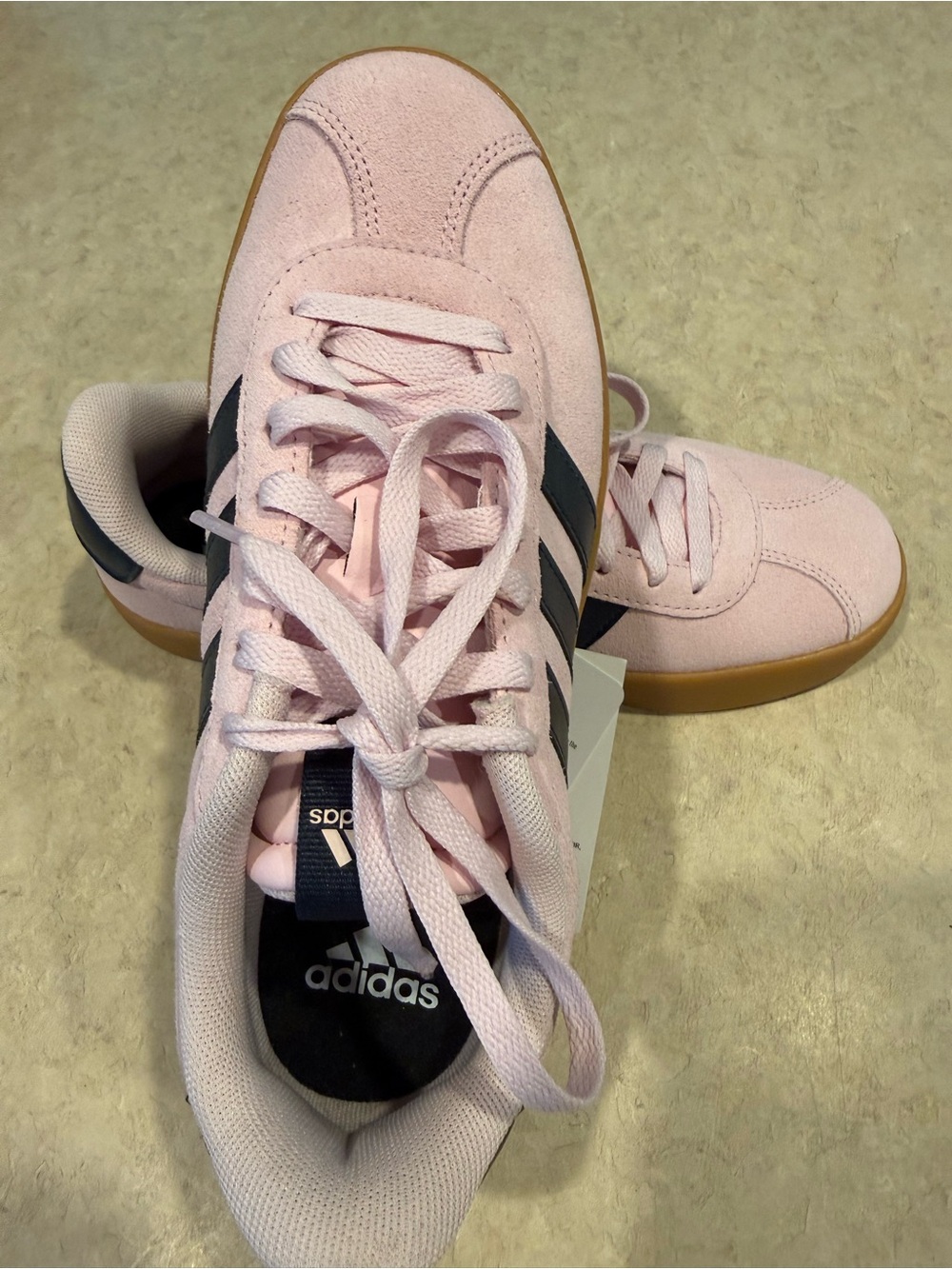 adidas Women’s Light Pink Suede Sneakers with Navy Stripes and Gum Sole